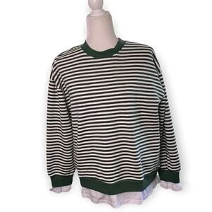 CALI BE Nordstrom Pullover Sweater Green White Stripe Peekaboo Hem SZ S NWT